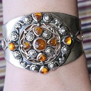 Silver With Amber Stones Wide Band Intricate Bracelet - Stamped 925. Like new!